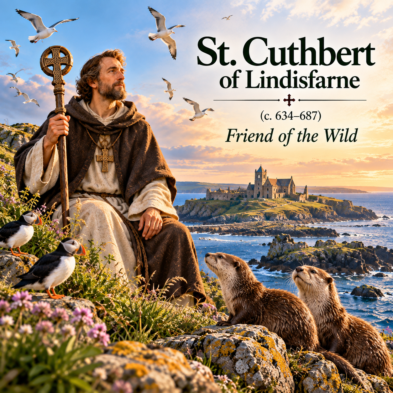 Illustrated page featuring St. Cuthbert of Lindisfarne